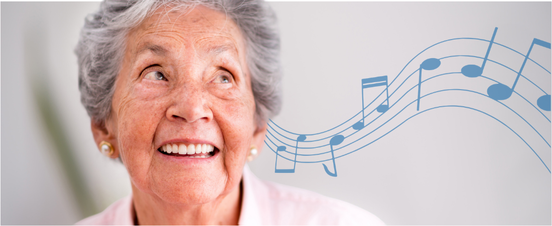 A smiling older woman looking up, with musical notes flowing across the image