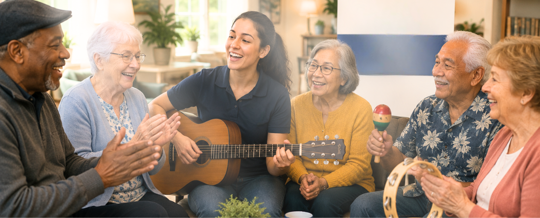A volunteer musician playing guitar and singing with a group of smiling older adults